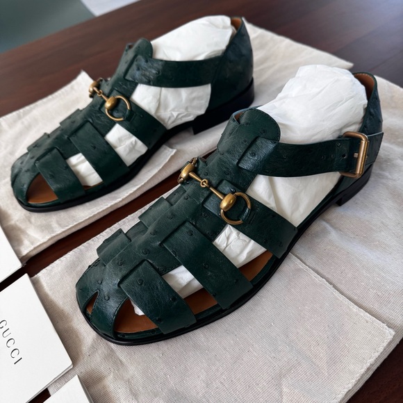 Gucci Exotics Men’s Emerald Green Ostrich Leather Fisherman Sandals Size 10 NWT - Picture 7 of 16